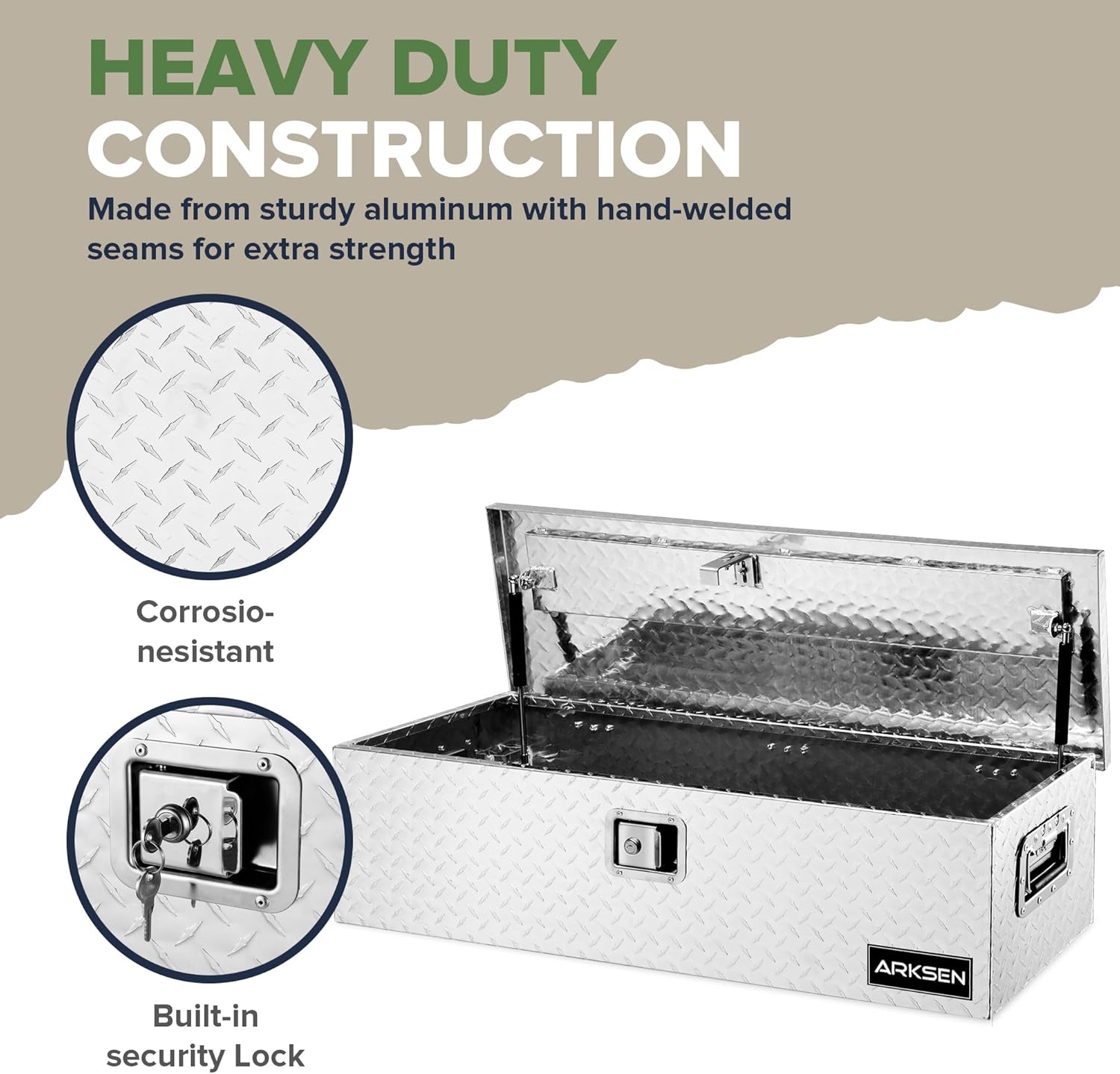 ARKSEN 39 x 13 x 10 Inch Diamond Plate Truck Bed Tool Box, Heavy Duty Waterproof Aluminum Toolboxes Storage Chest with Side Handle & Lock for Pickup Truck Bed, RV & Trailer – Silver