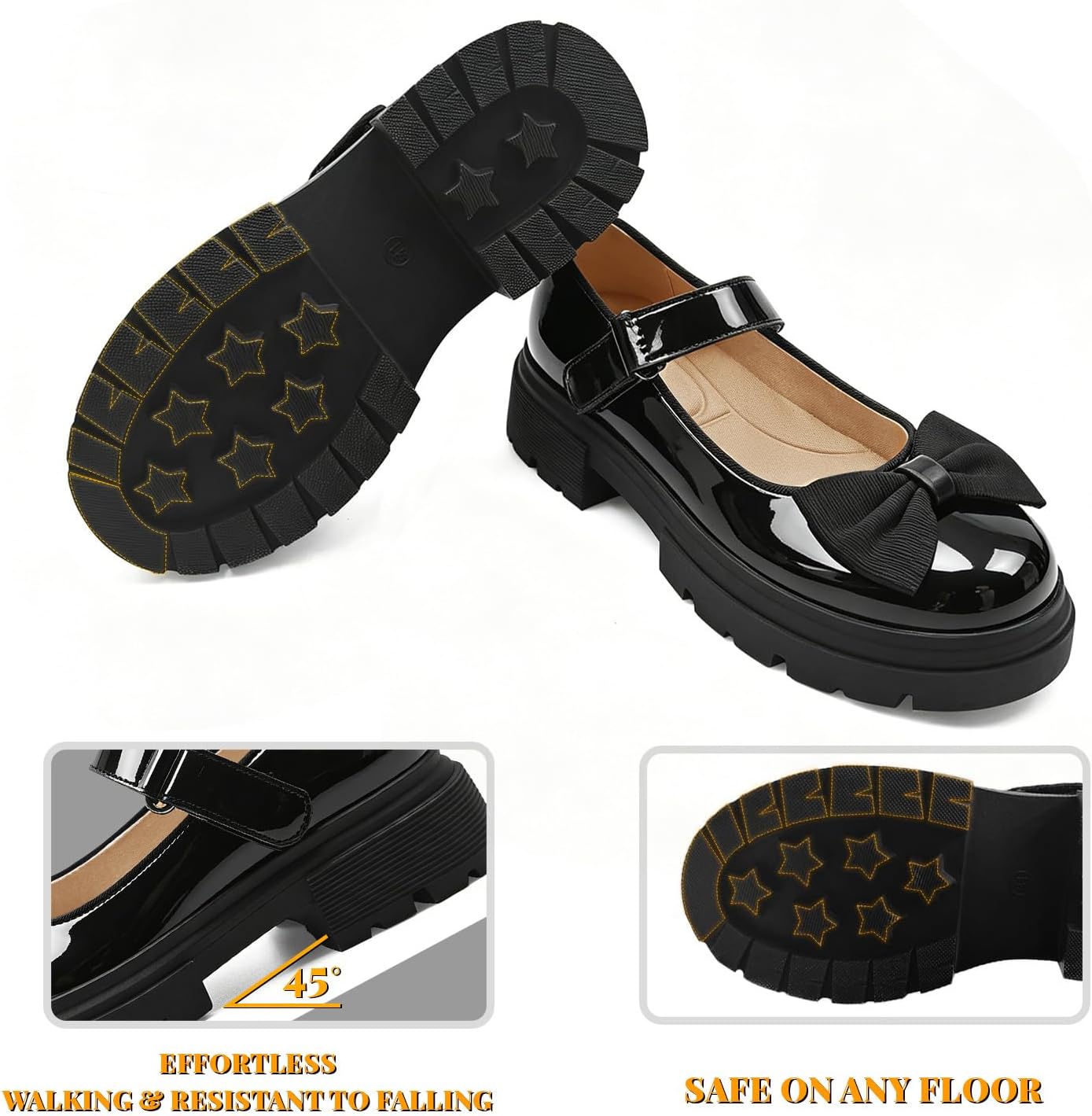 Toddler Mary Janes Shoes School Girl Dress Shoes with Thick Padded Insole and Bow