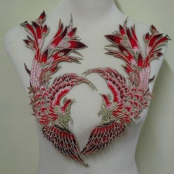Phoenix Embroidered Fabric Sticker DIY Jewelry Box Wedding Decoration Decal Back Glue Can be Ironed Gold Thread red