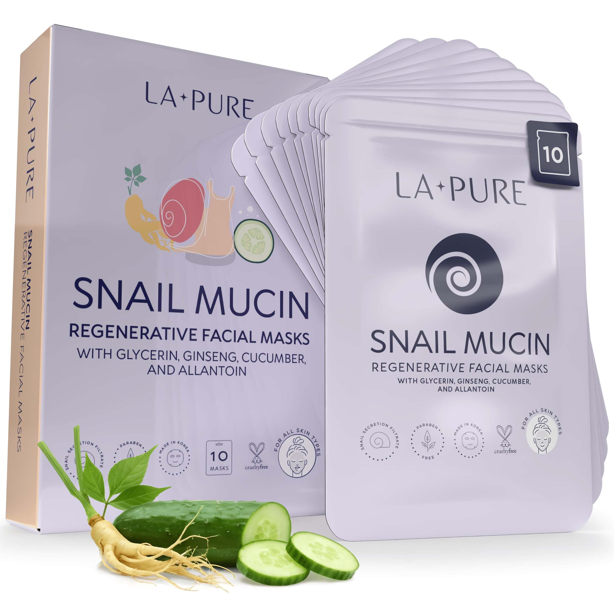 LA PURE Snail Regeneration Korean Facial Mask (pack of 10) 100% Pure Cotton Cupra Sheet Mask, Anti-Aging, Anti-Wrinkle, Hydration Mask, Snail Secretion Filtrate 7000ppm For Deep Moisturizing