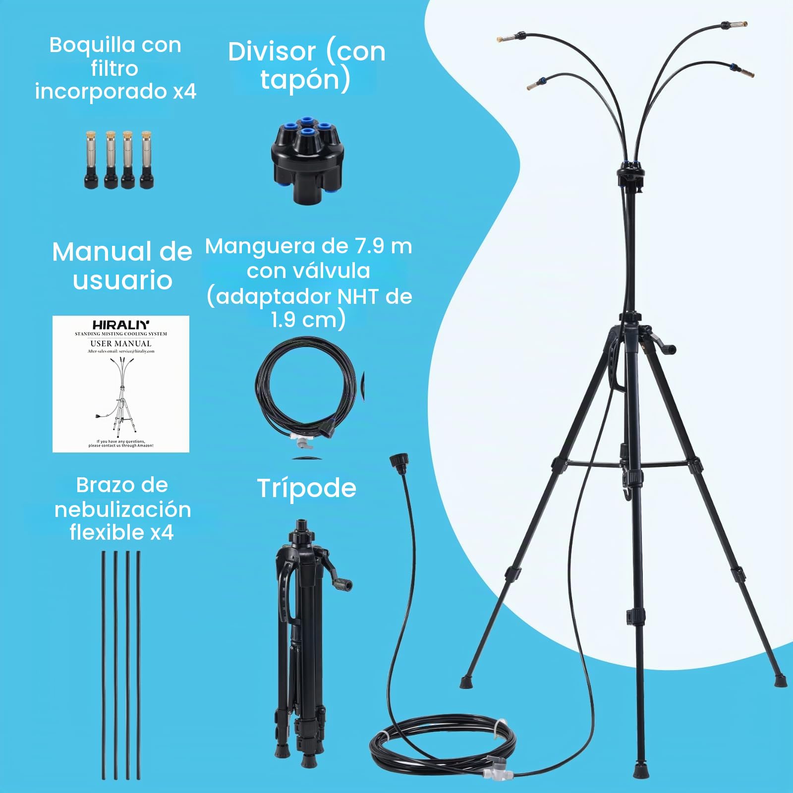 HIRALIY Nebulizador Terraza Exterior, Trípode Estable Altura Ajustable 85-145cm, Sistema de Nebulización para Jardín Mascotas y Piscina, Barbacoa, 8m Manguera