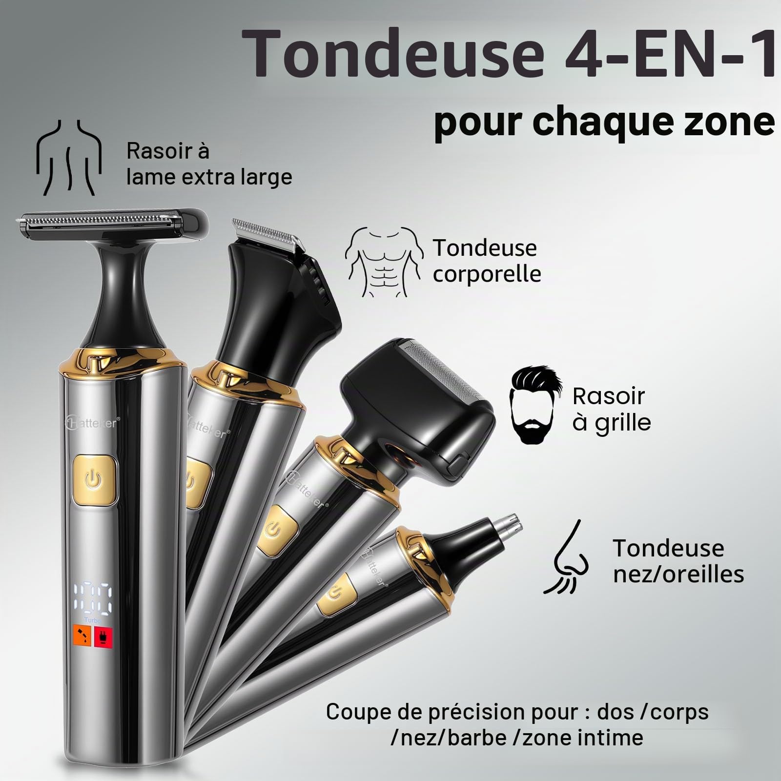 Hatteker Rasoir Tondeuse électrique pour le dos et le corps, kit 4 en 1 avec bras auxiliaire extensible étanche pour le visage, le menton, le bras, le dos, le pubis