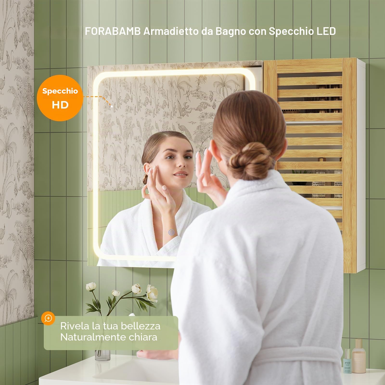 Specchio Bagno con 2 Ante, Specchiera Bagno con Illuminazione LED Dimmabile a 3 Temperature di Colore, Specchio Contenitore Bagno con 4 Ripiani Regolabili, 80×16×60 cm