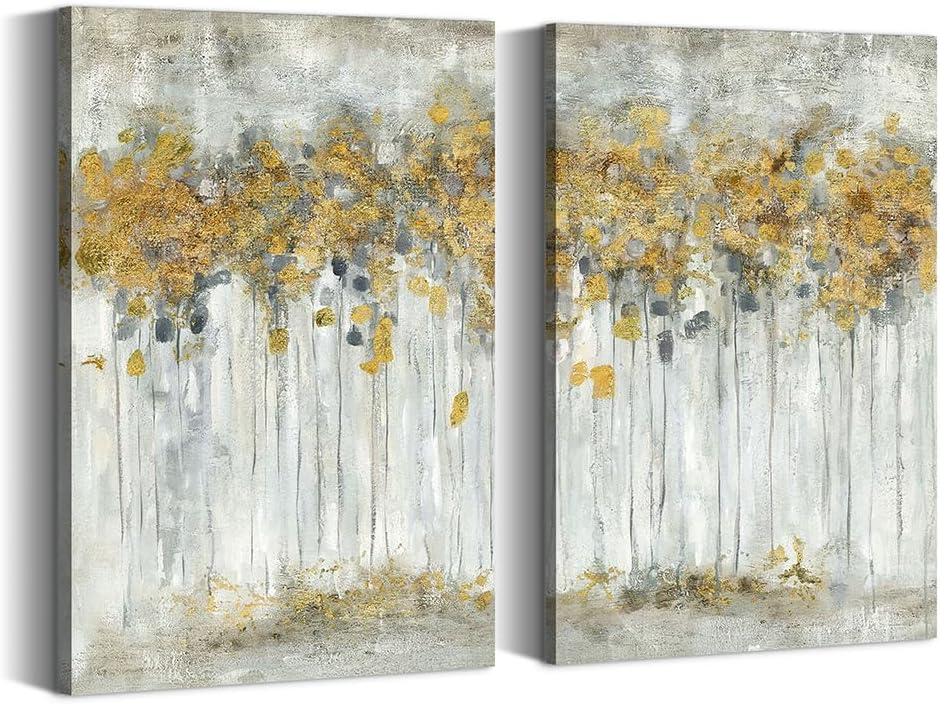 summer melody Yellow Abstract Canvas Wall Art: 2 Pieces Gold Modern Landscape Picture Rustic Forest Painting Vertical Contemporary Nature Scenery Tree Print Artwork for Bedroom Living Room 16"x24"x2pcs Yellow