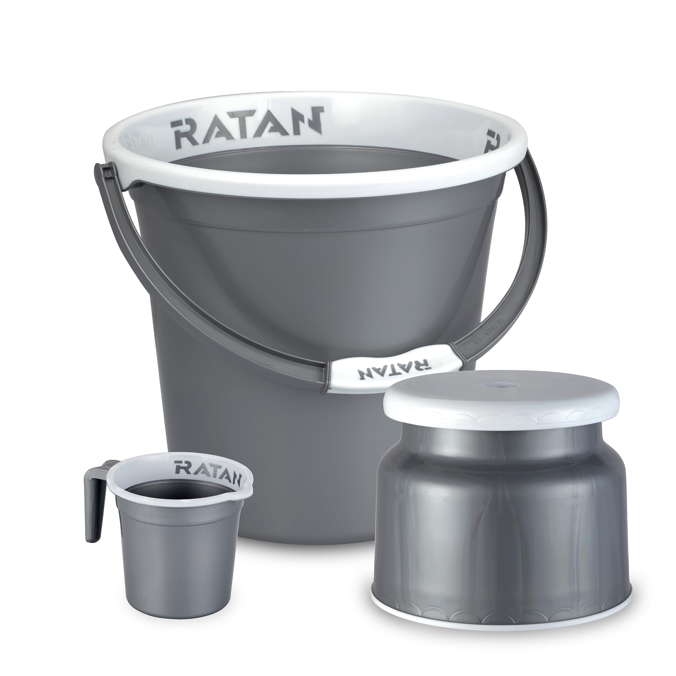 RATAN PLASTICWAREPlastic Bathroom Set of 3 Pieces Combo Pack Gloria Plain 18 Liters Bucket + Nova Stool Patla 107 + Gloria Plain Bath Mug 1 Liter Color NIR Silver