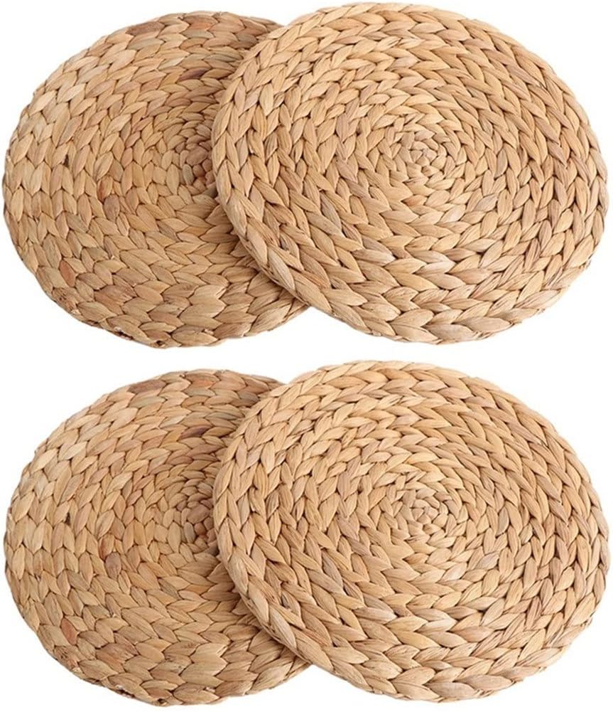 4Pcs Water Gourd Woven Placemat Round Woven Rattan Table Mat Water Gourd Placemat Round Pad Woven Green Tropical