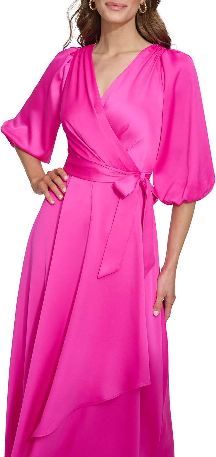 DKNY Womens Balloon Sleeve Satin Faux Wrap Maxi Dress - Image 5
