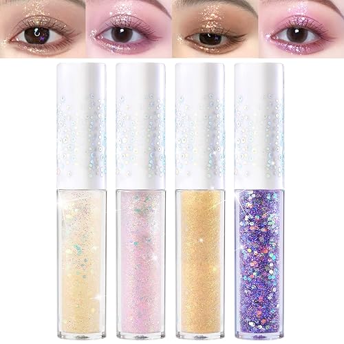 Erinde 4 piezas Sombra de ojos líquida con purpurina, sombra de ojos, pigmentada, de larga duración, secado rápido, fácil de aplicar, pegamento de