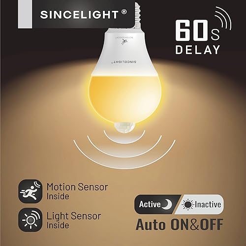 Miniatura 3 de SINCELIGHT Bombilla LED con sensor de movimiento 9 W E26, PIR activada por movimiento en la oscuridad, encendidoapagado automáticamente por sensores