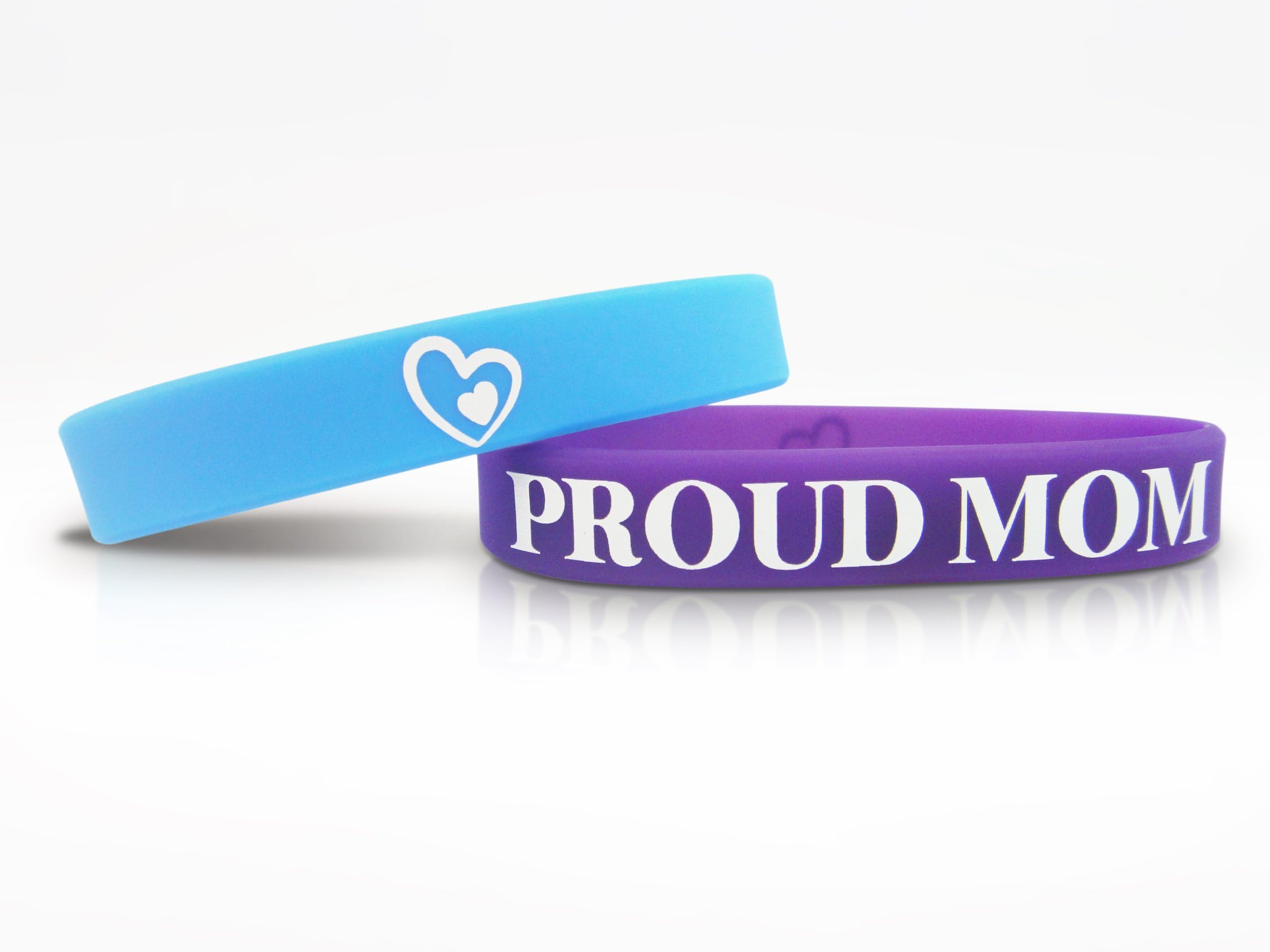 Proud Mom Bracelets Silicone Wristbands for Proud Moms & Mothers to be - Mother's Day Gift, Baby Shower, Present, and Personalized Accessory - Best Custom Wrist Band for Mothers - 2 Pack - Blue & Purple Bracelets Included