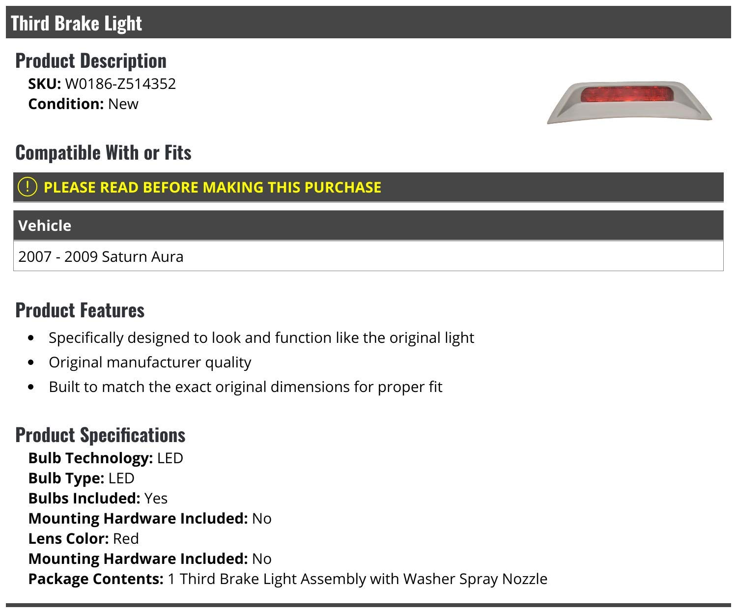 Marketplace Auto Parts 3rd Third Brake Light lens with Bulb - LED - Compatible with 2007-2009 Saturn Aura