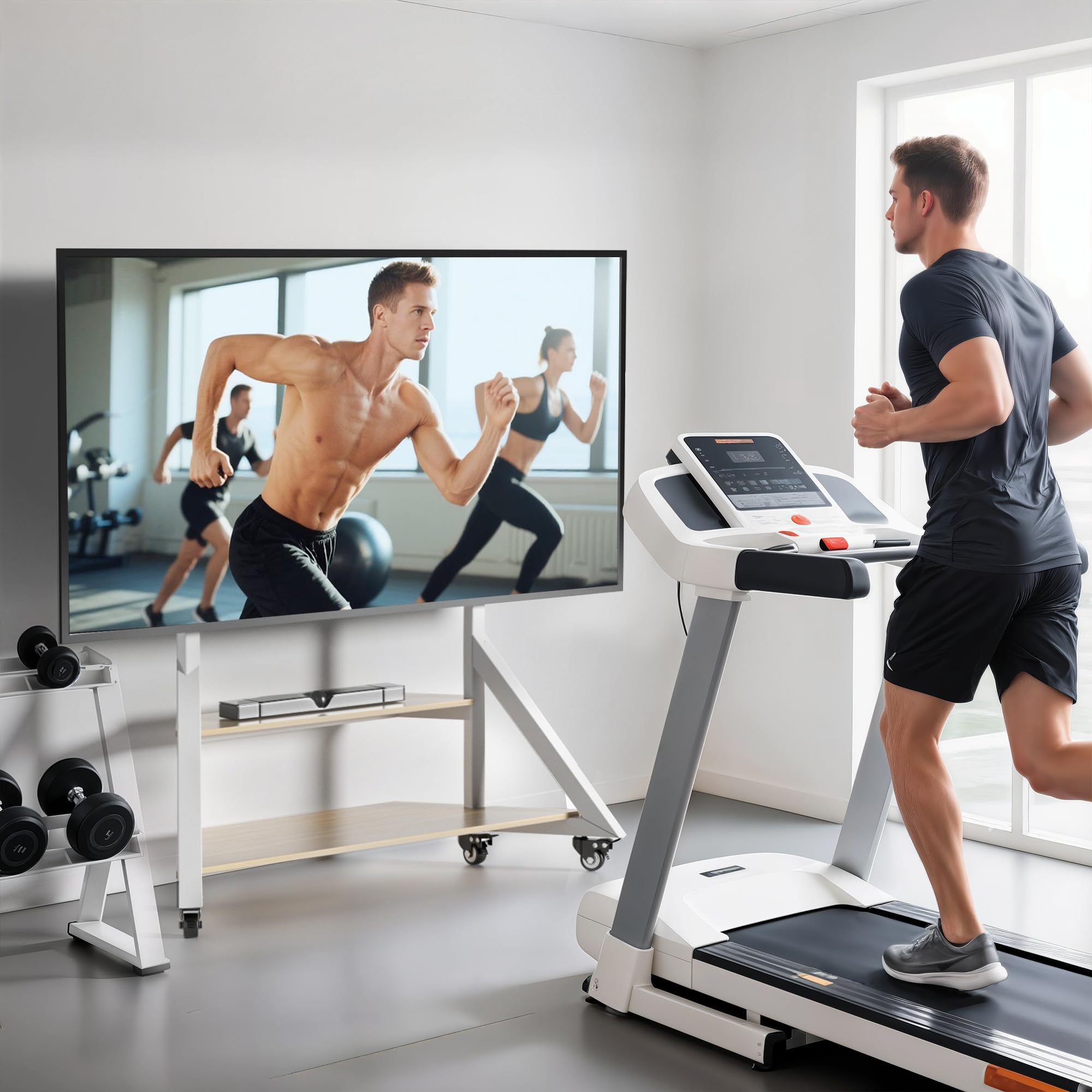 UNHO Supporto TV da Pavimento con Ruote Bianco: Supporto TV Mobile con Rotelle per 65-100 Pollici, Peso Max 100kg Base Solida per Schermi Giganti, Max VESA 800x600mm, Regolabile in Altezza
