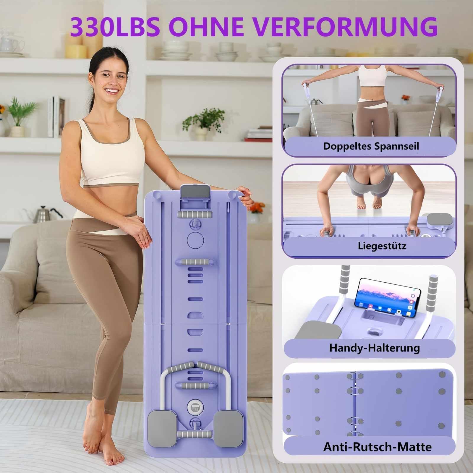 Pilates Board,Upgraded Multifunctional Faltbarer Pilates Reformer,Mit LED-Zähler,Automatisches Rebound Bauchmuskeltrainer Mit Widerstandsband,Exercise Board for Home Exercises,Lila