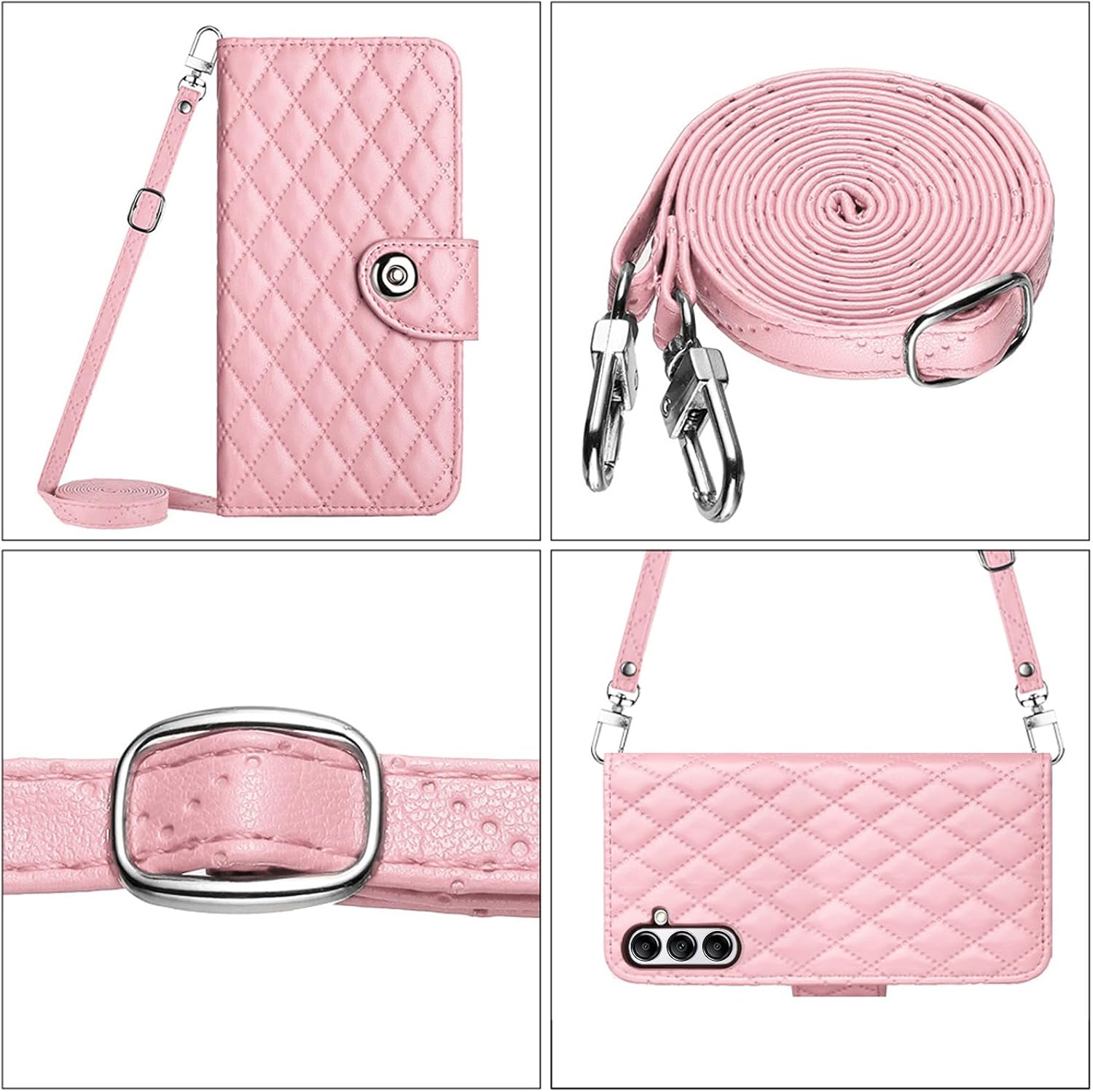 Wallet Case for Samsung Galaxy A57 5G with Wrist Shoulder Strap, Argyle Pattern PU Leather Flip Credit Card Holder Stand Accessories Cell Phone Cover for Galaxy A 57 57A Girls Women Pink