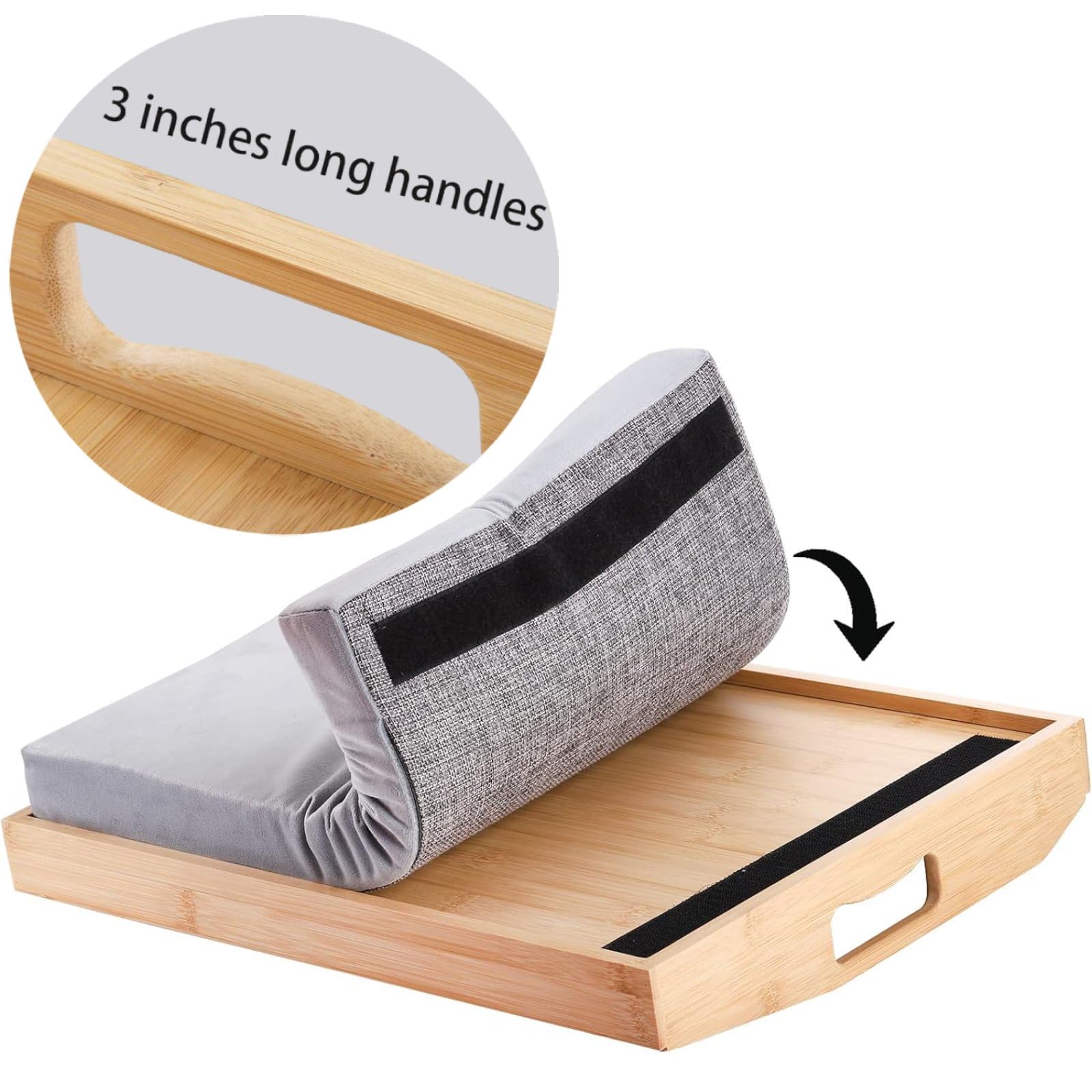Cedilis Bandeja de bambú con almohada desmontable, bandeja de servir de 16.9 x 13 pulgadas con asas, bandeja de cama para comer