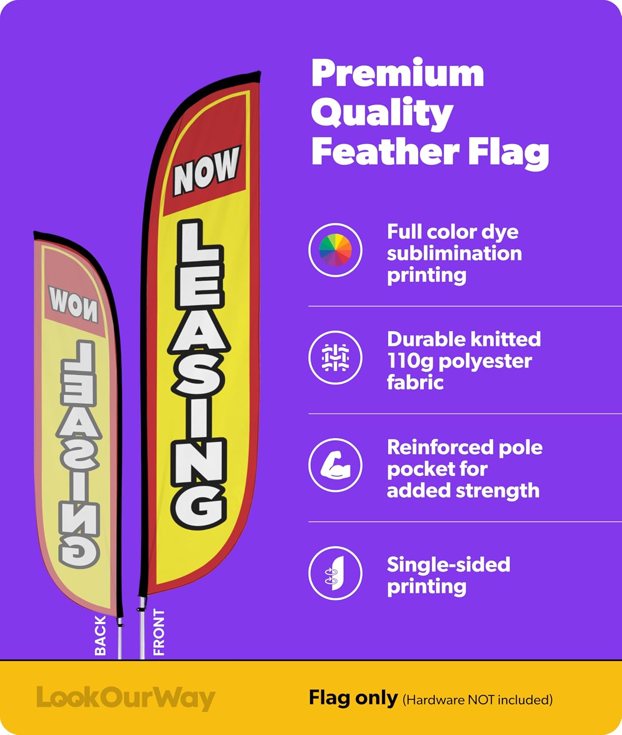 LookOurWay Feather Flag Banner - 12 Feet Tall Advertising Flags for Outside Business and Events Promotion - Swooper Flag Only - Real Estate Flags - Now Leasing Yellow & Red (10M1200077)