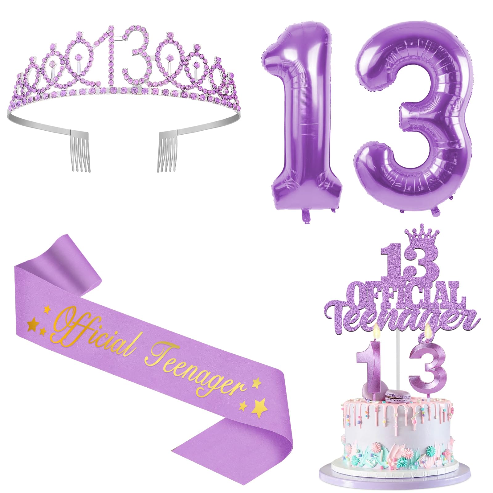 Photo 1 of 13th Birthday Decorations for Girls Purple with 13th Birthday Sash and Crown, Cake Topper and Candles, Number Balloons, 13 Year Old Gifts for Girls