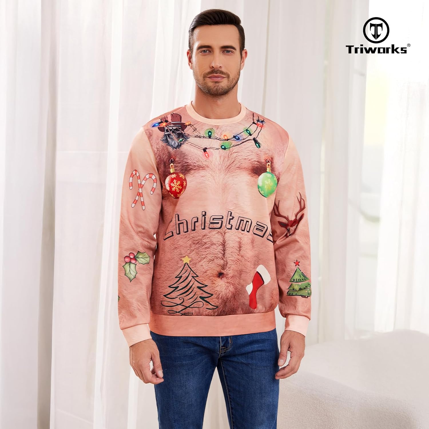 TRIWORKS Mens Ugly Christmas Sweatshirts 3D Printed Pullover Long Sleeve Sweatshirts for Men Woman Brown - Image 6