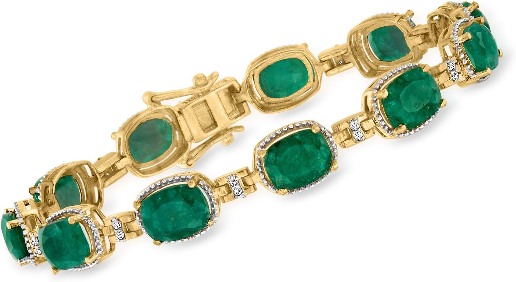 13.00 ct. t.w. Emerald and .21 ct. t.w. Diamond Bracelet in 18kt Gold Over Sterling