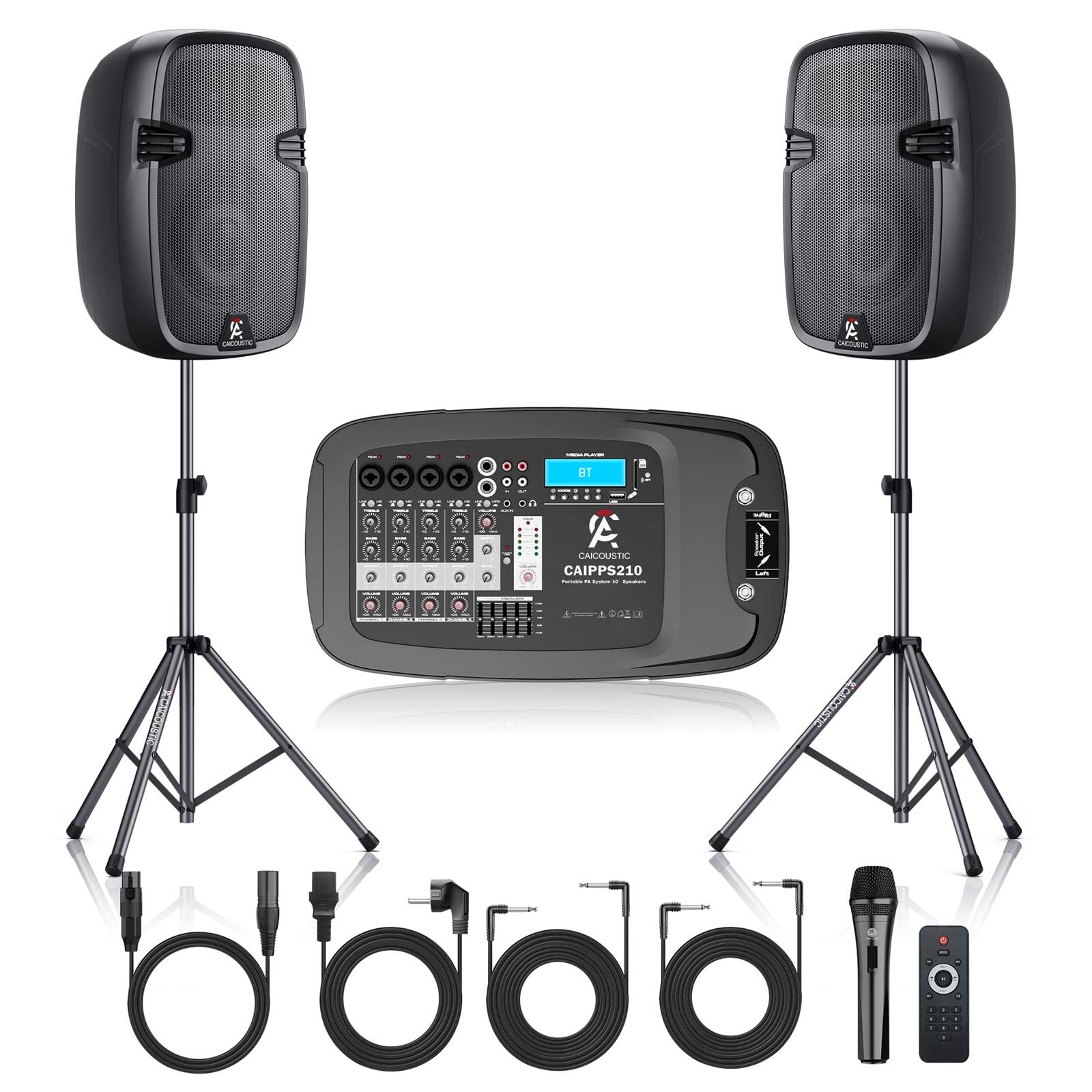 8-Channel Portable PA System with Bluetooth, Microphone, 2 Speaker Stands, USB, Reverb/Delay Effects - Perfect for Outdoor Events, Parties, Weddings, Church Services (2 x 10 Woofers)