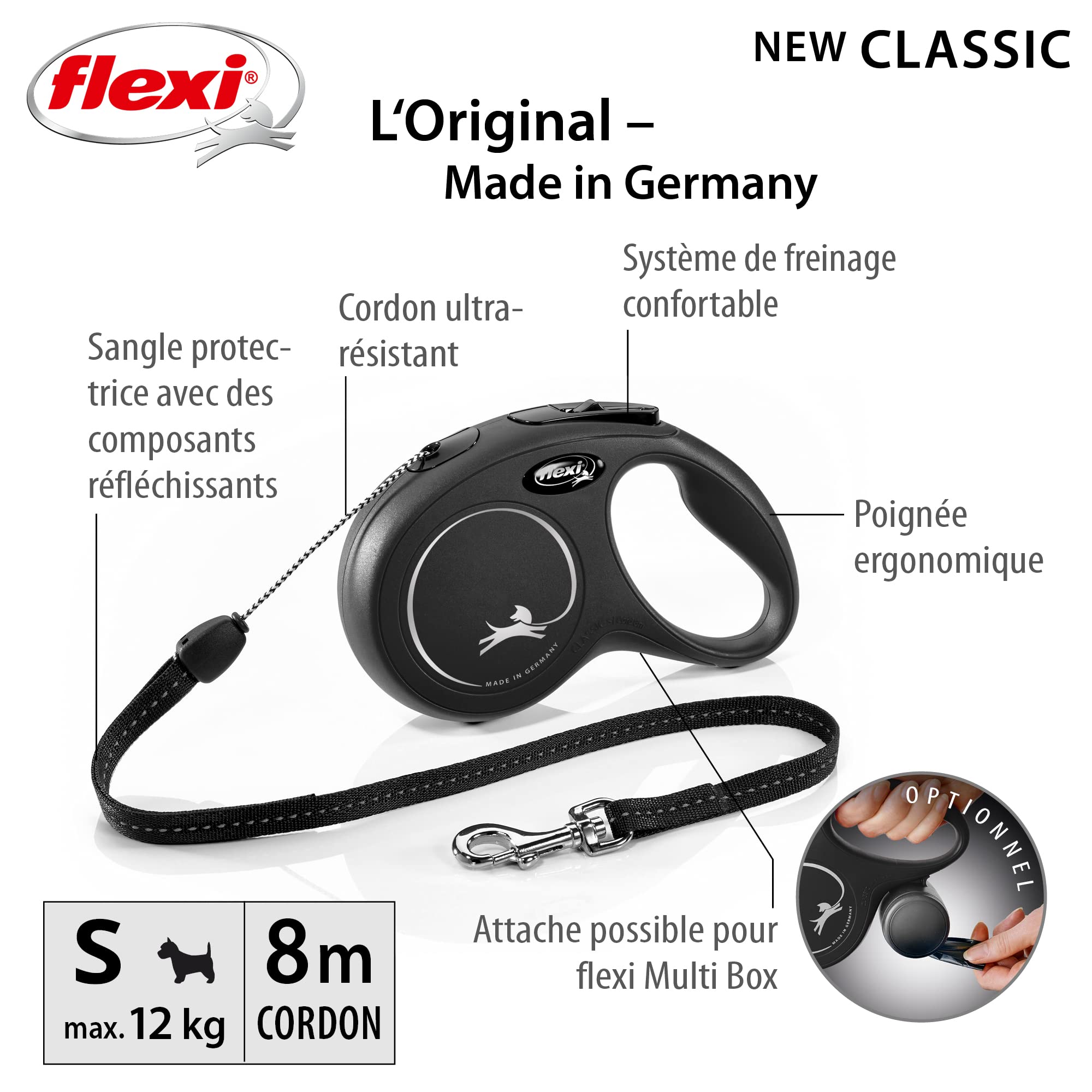 flexi® Classic S | Laisse rétractable à cordon de 8 m pour chiens jusqu'à 12 kg | Noir | laisse à enrouleur pour chien | Poids : 230 g | Dimensions : 10,3 x 16,8 cm