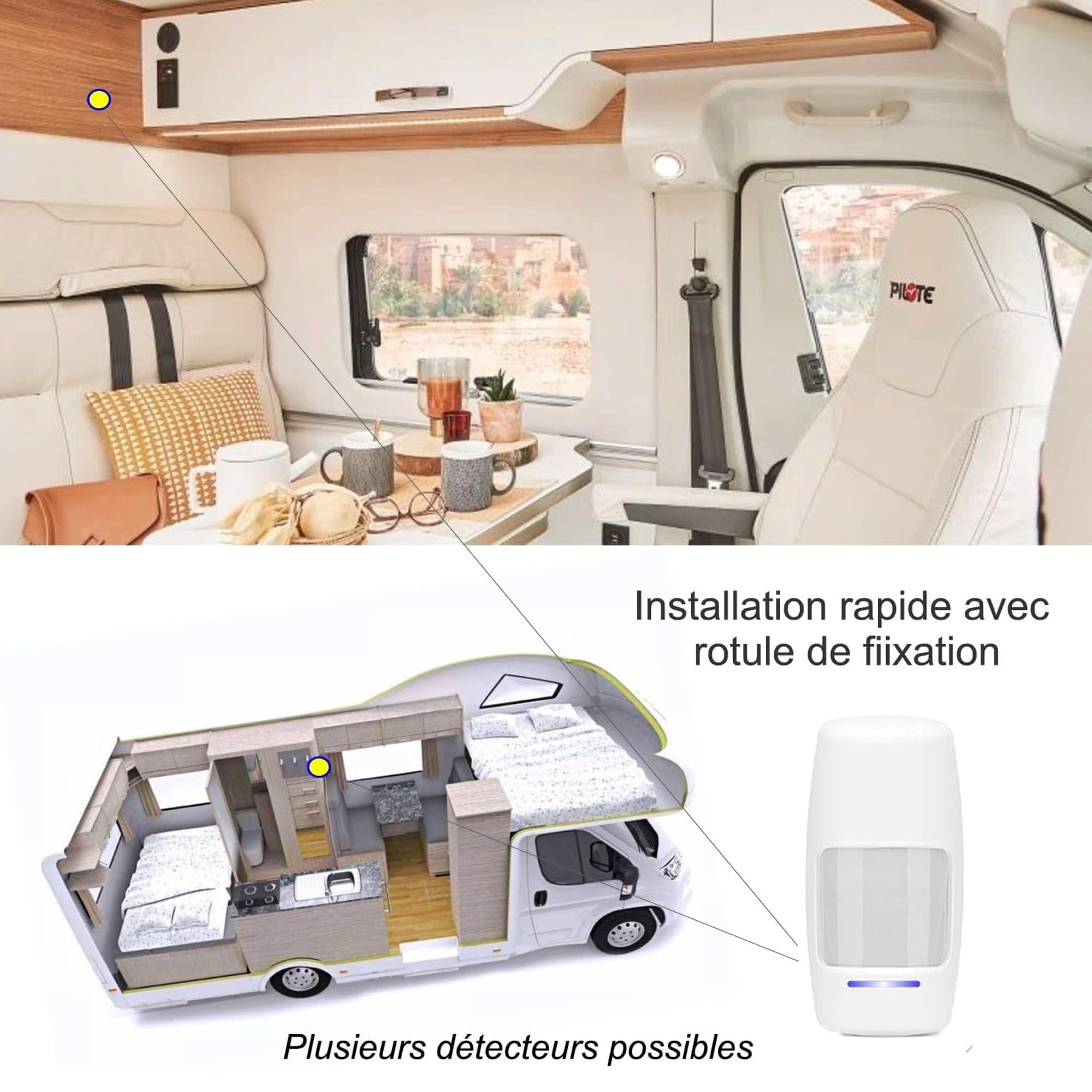 Nouveau - Alarme de Camping Car - 100% Autonome - Alimentation par Piles - Sirène Puissante avec 4 détecteurs d'ouverture et 1 de Mouvement.