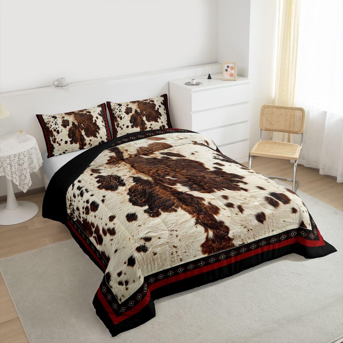 jejeloiu Cow Fur Print Bedding Set Soft for Boys Girls, Cowhide Comforter Set Queen Size Farmhouse Duvet Quilt Microfiber Western Farm Animal Skin Bedroom Decor 3 Pcs with 2 Pillow Cases
