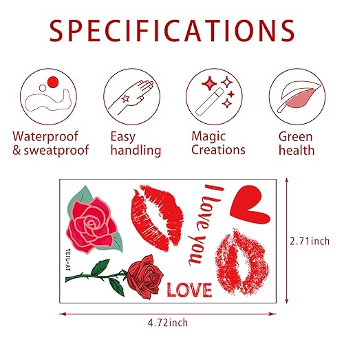 Miniatura 7 de Tatuaje temporal de San Valentín, labios de corazón, tatuajes falsos, impermeables, calcomanías de tatuaje de rosas para mujeres y hombres,