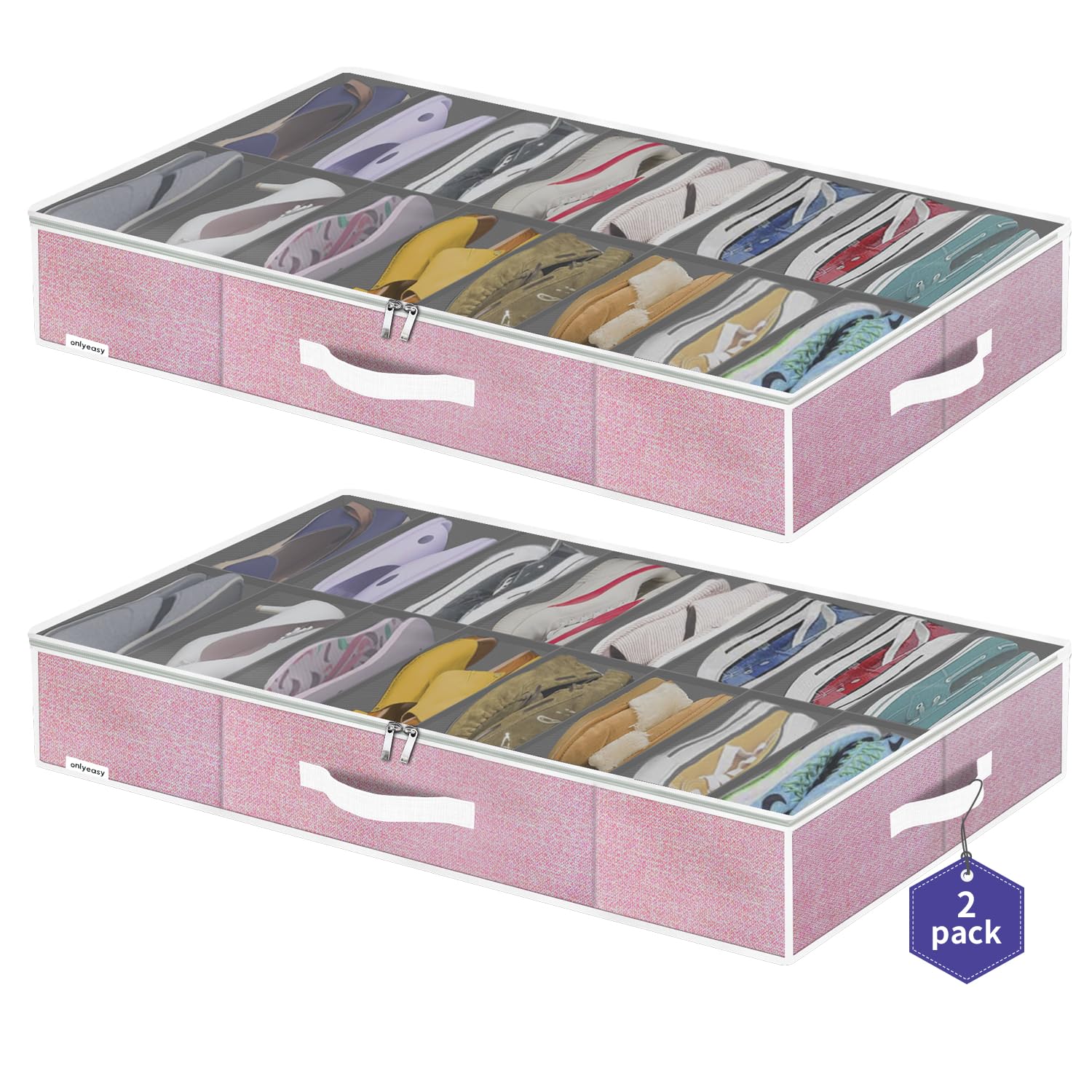 Onlyeasy Large Under Bed Shoe Organizer Container Box, Set of 2, Fit 16 to 32 Pairs of shoes, Underbed Shoes Closet Storage Solution, L37.7x W23.6x H5.9 inch, Cotton-like Pink, MXPUBS16P2 — image 1