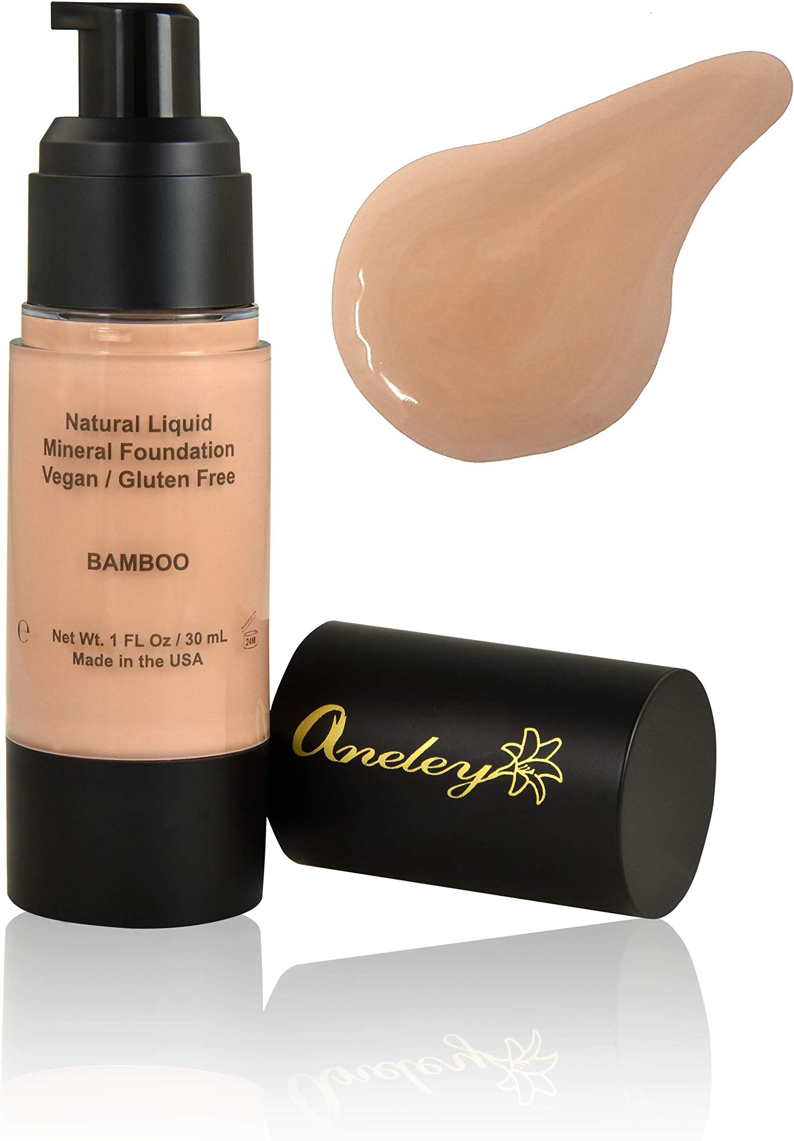 liquid mineral foundation organic natural vegan cruelty free chemical free full coverage aloe base highly pigmented lightweight formula acts as a moisturizer, sunblock and skin care (Bamboo)