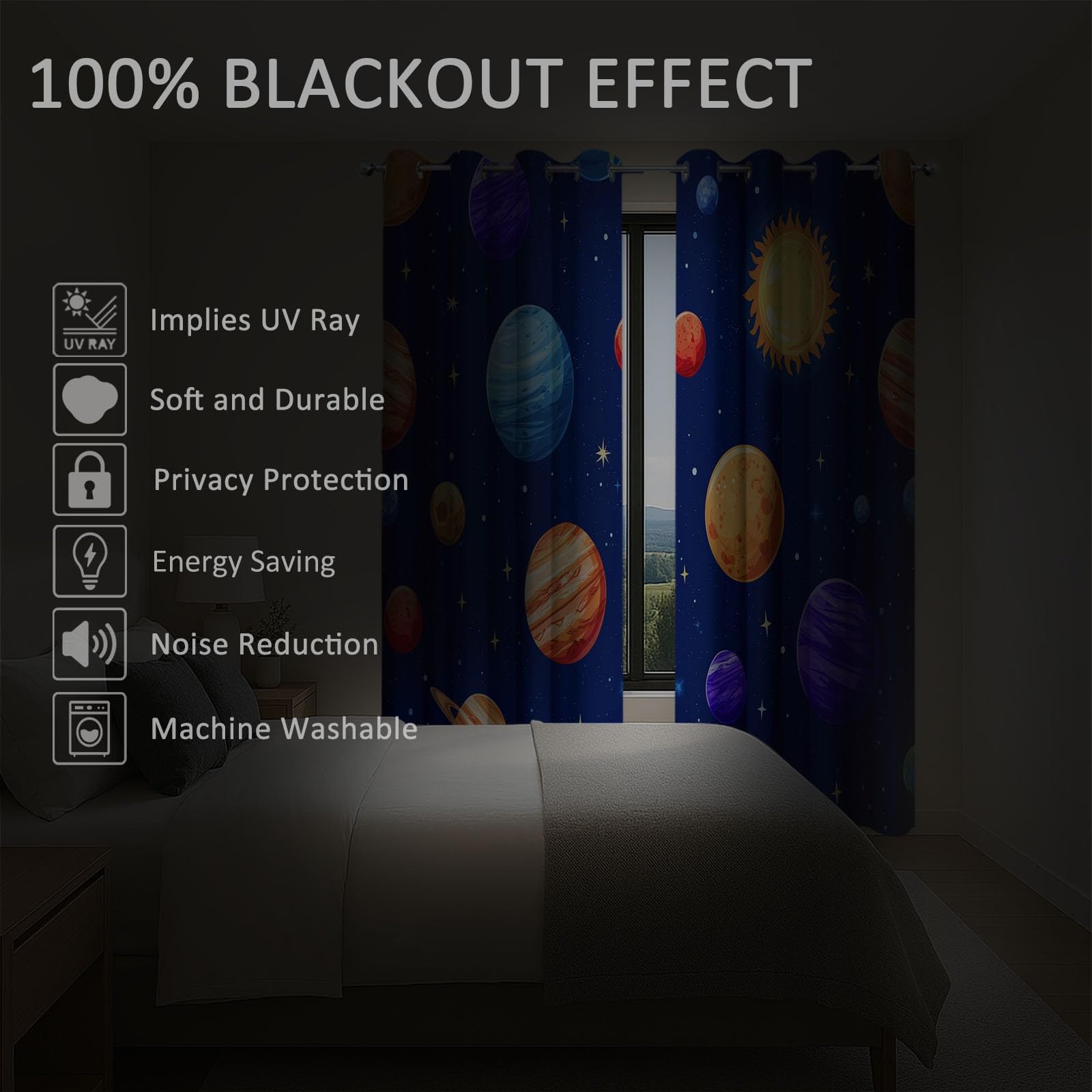 Générique Zasłony izolowane termicznie, 140 L x 260 H cm, zestaw 2 zasłon z kreskówkowym systemem słonecznym, z przelotkami, zaciemniające, redukcja hałasu, do sypialni i salonu, granatowe