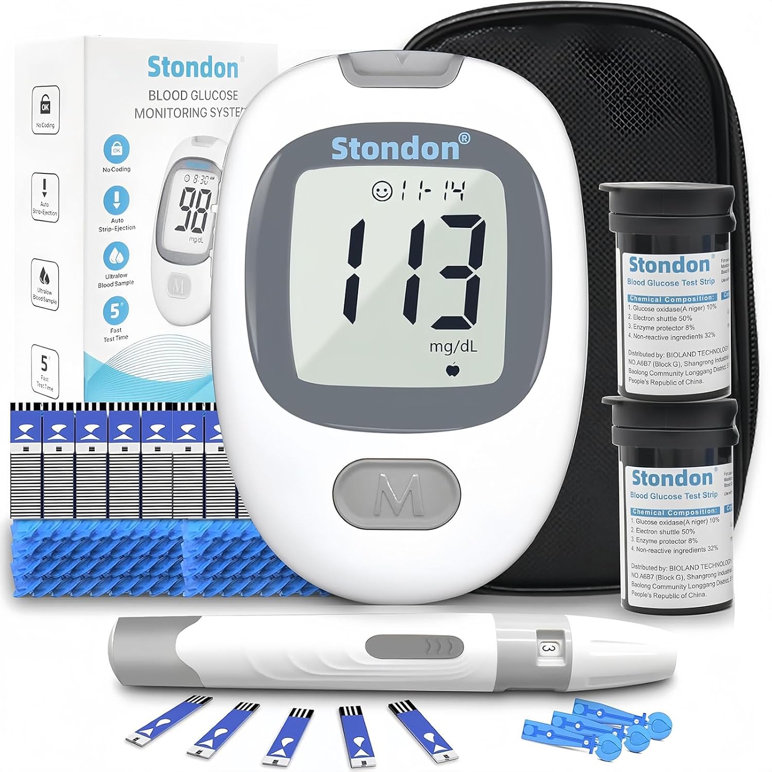 Stondon Glucose Monitor Kit with 100 Strips & 100 Lancets - Accurate Blood Sugar Meter for Diabetes Testing