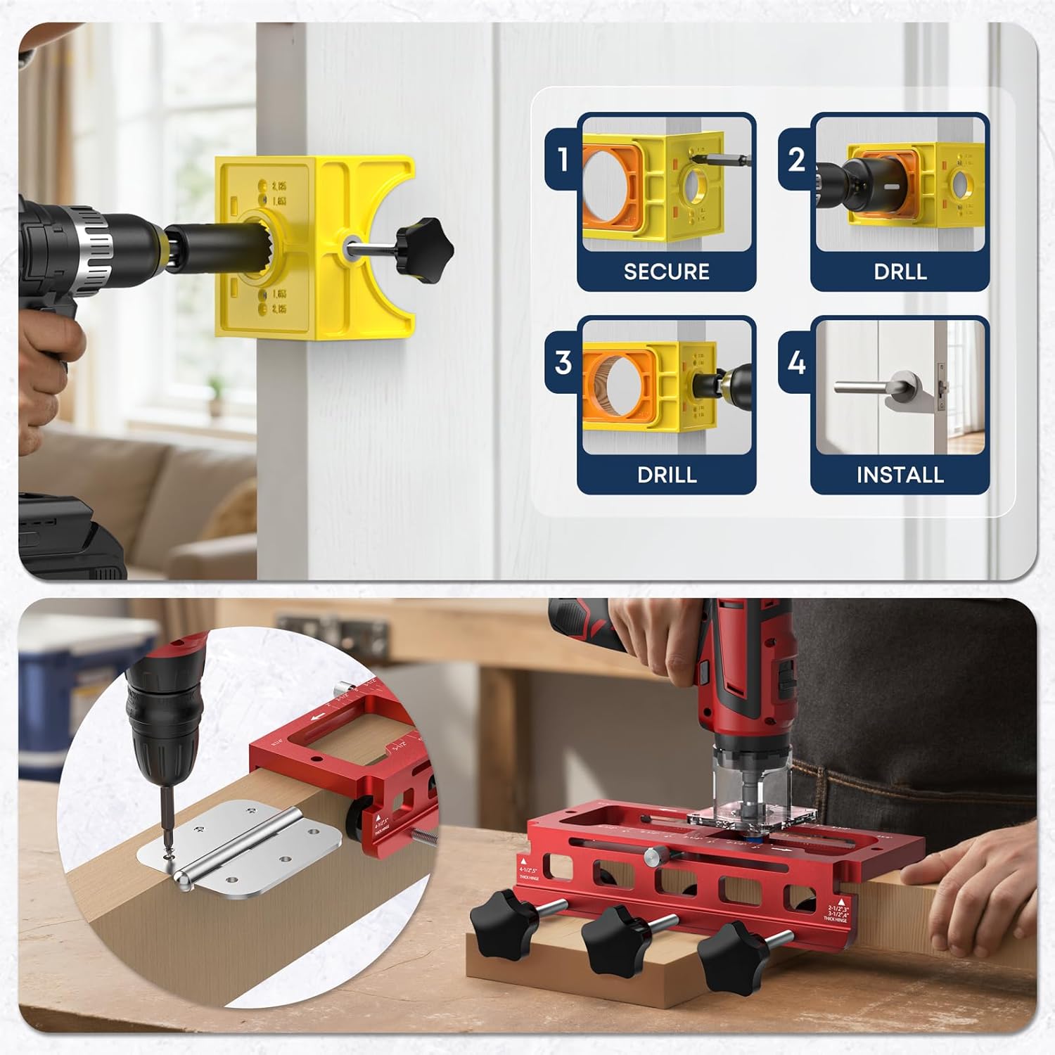 Door Hinge Jig & Door Lock Installation Kit, Adjustable Hinge Router Template Fits 2.5" to 5" Length, 1/4"-5/8" Radius and Types of Square, C-Clamp Design Door Hole Drilling Kit for Knob and Deadbolt