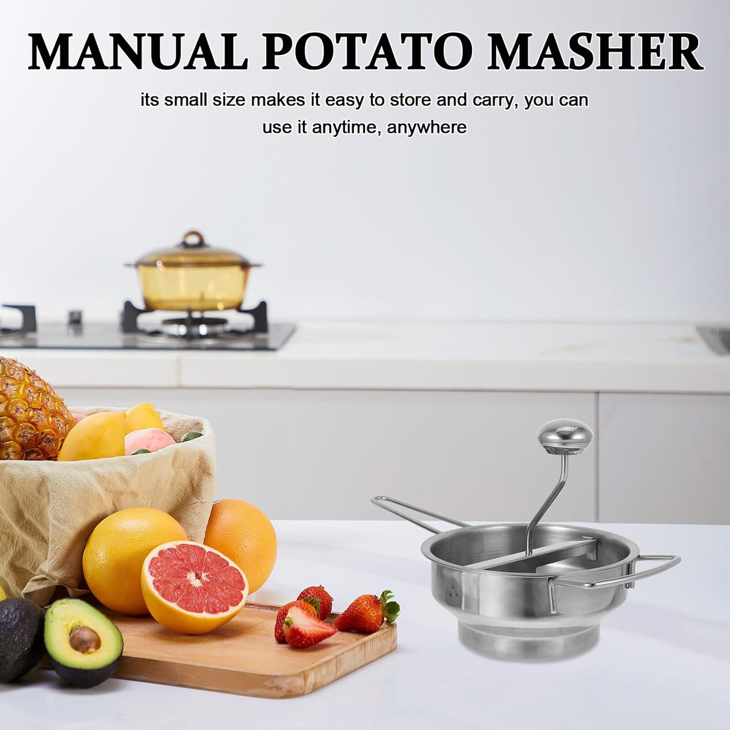 Stainless Steel Potato Masher Manual Food Ricer 3 Interchangeable Discs 2mm 3mm 7mm for Mashing Potatoes and Vegetables Heavy Duty Kitchen Tool