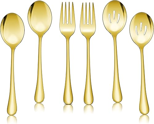 Herogo Juego de 6 utensilios de servir de acero inoxidable de 8.7 pulgadas, 2 cucharas de servir doradas, 2 cucharas de servir ranuradas doradas, 2