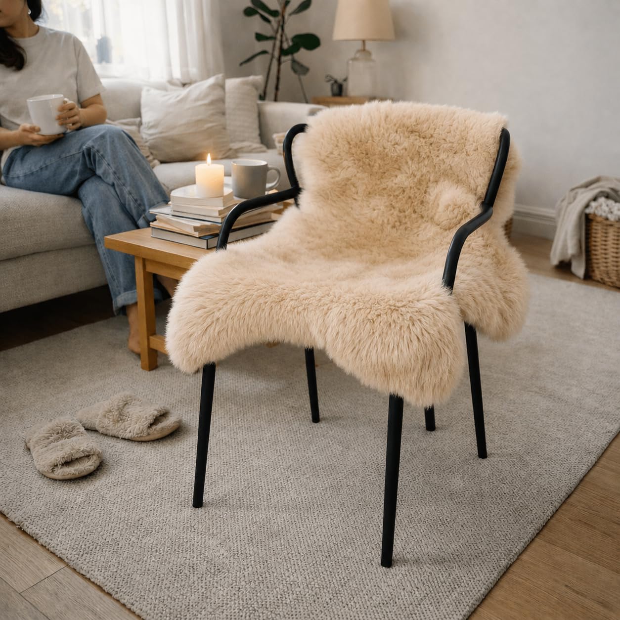 Peau de mouton australian véritable beige 100 x 60 cm [4-6 cm laine] fourrure pour chaise sans odeur en peau d'agneau véritable pour canapé, peau de mouton