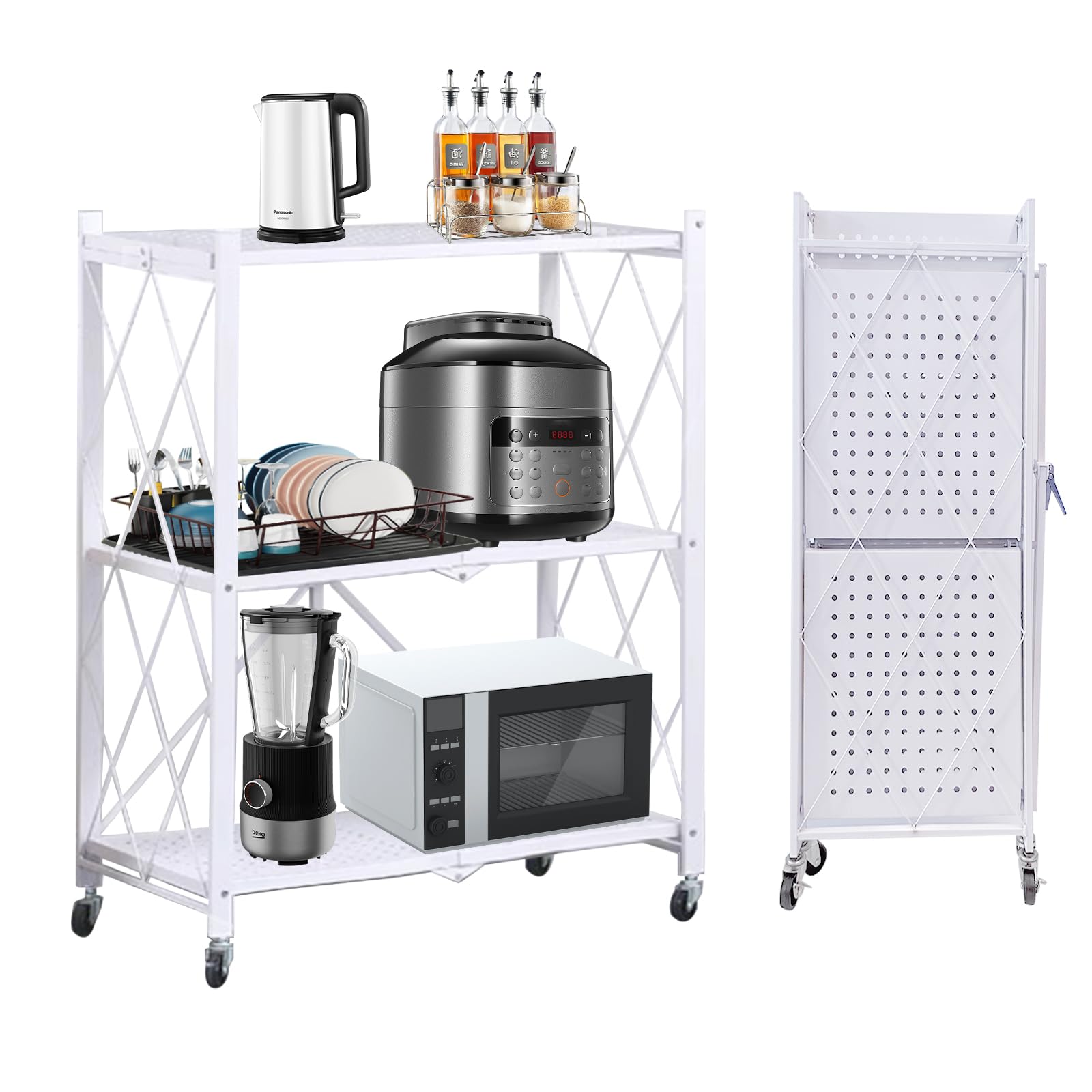 Scaffalatura in metallo a 3 livelli, per carichi pesanti, colore nero, 72 x 34 x 87 cm, pieghevole, scaffale da cucina, non è richiesto, robusto scaffale in metallo con ruote, colore