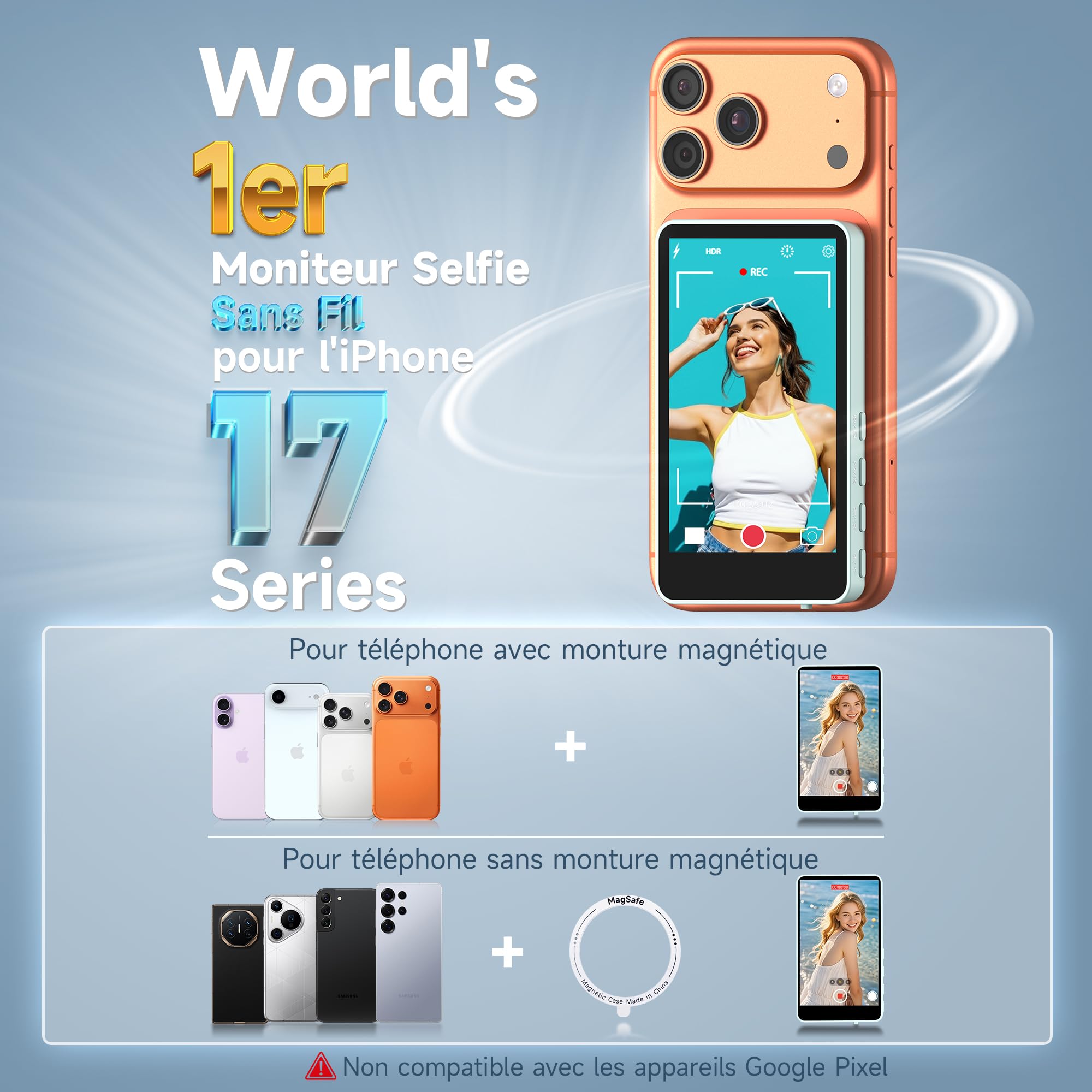 SYNCO XView Monitor Selfie Vlog pour iPhone 17 - Écran Selfie Magnétique sans Fil 1080P/4K pour Vlog, Utilise Caméra Arrière, 50m, 3h, Haut-Parleur pour Live Youtube/TikTok