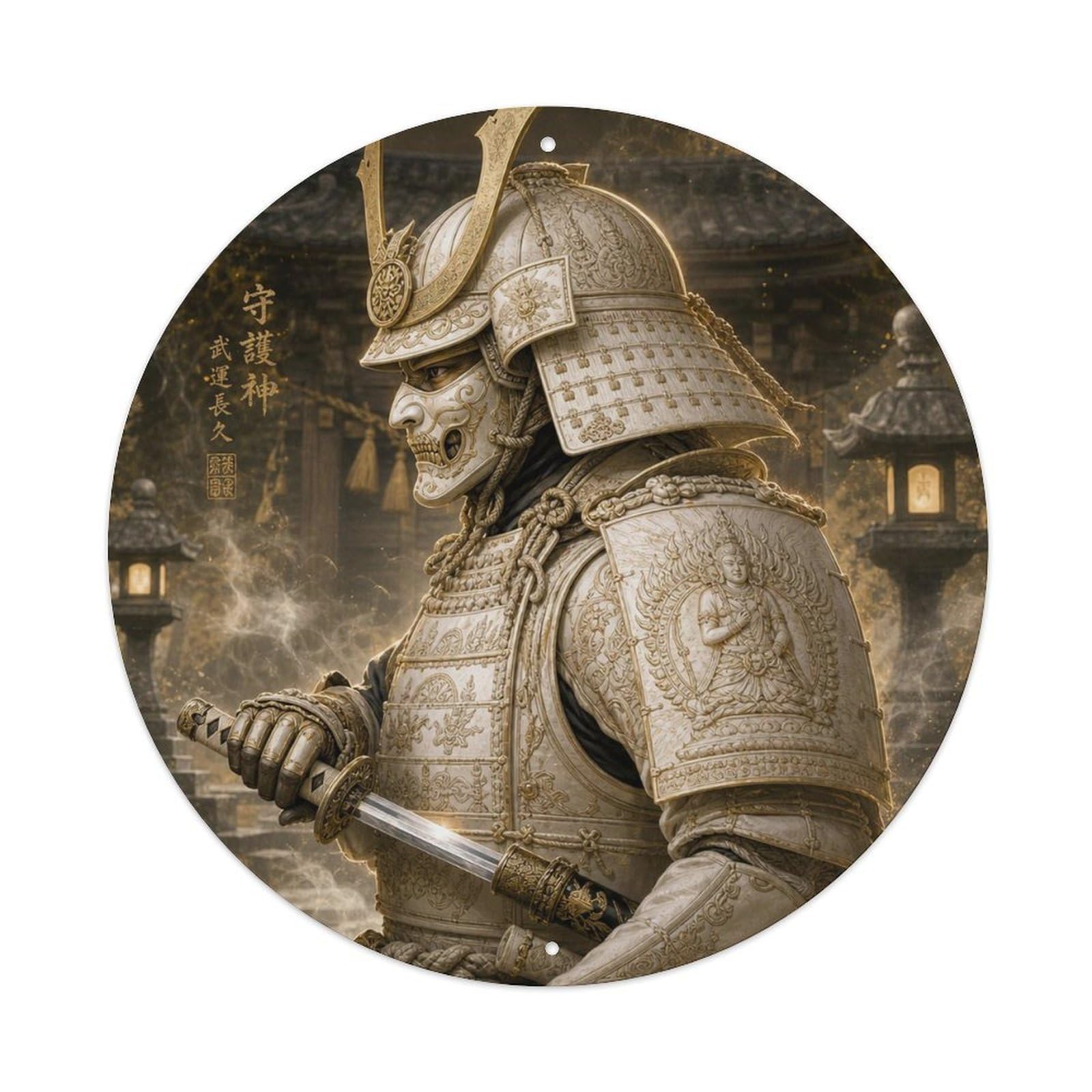 Olyhtr 8X8inch Classic Style Feudal Ivory Bone Side Draw Motion Oni Warrior Badge Metal Tin Sign