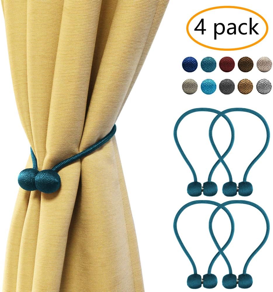 Magnetic Curtain Tiebacks, 4 Pack Drape Tie Backs Decorative Curtain Rope Holdbacks for Home Kitchen Office Window Drapes, No Drilling & Holes Required,Turquoise