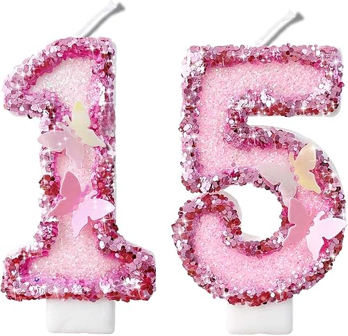 Miniatura 135 de Velas de números con purpurina de oro rosa de 2.8 pulgadas, muchos colores, regalos de cumpleaños de 22 años, velas de cumpleaños, velas de números