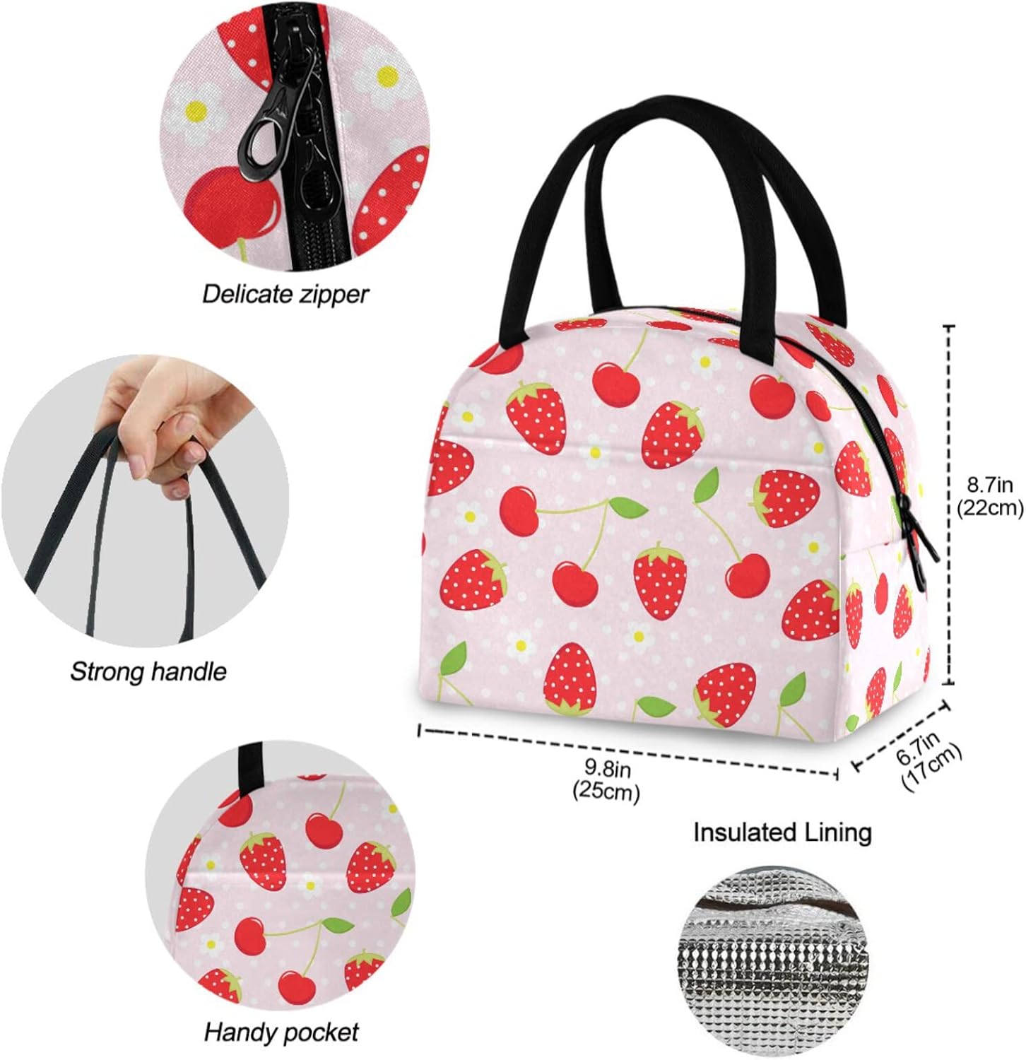 Sweet Strawberry Cherry Flowers Pink Fruit Insulated Cooler Lunch Tote Bag image 3