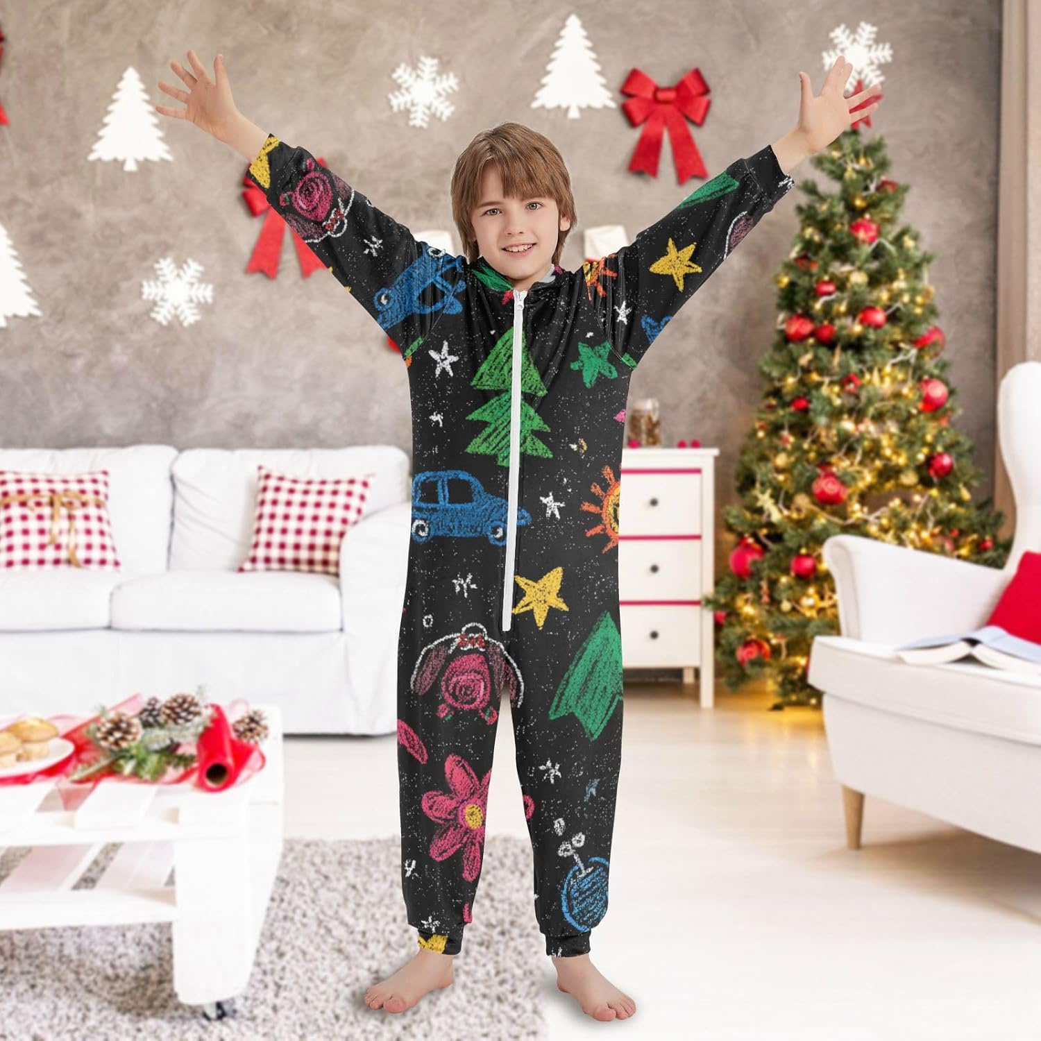 Hand Drawn Flower Car Cartoon CutePajamaSoft Warm Hooded One-Piecing Costumefor Parties Sleepovers