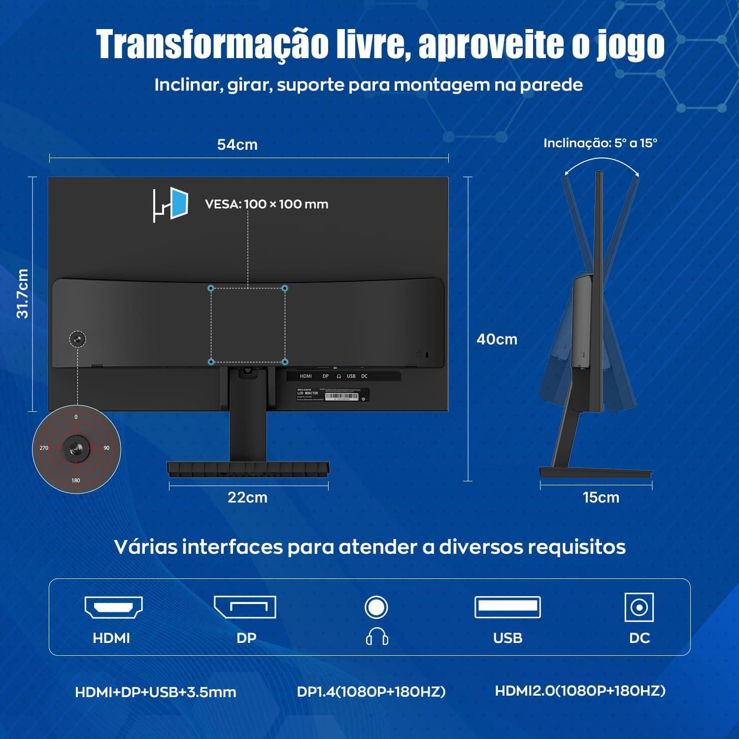 Monitor Gamer IPS 24 Polegadas, Full HD, 180Hz, 1ms, HDR400, G-SYNC, 250cd/m², Alto-falantes embutidos, Entradas HDMI/DisplayPort/USB/3.5mm