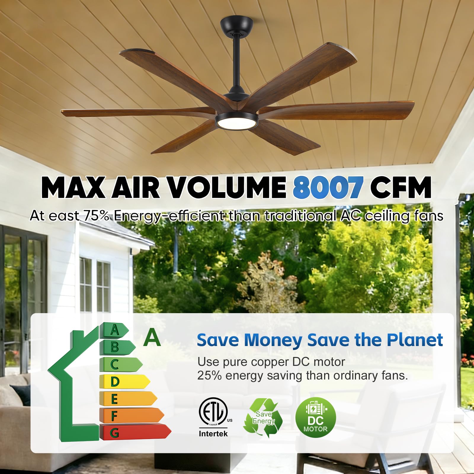 72 Smart Outdoor Ceiling Fan with Light via Wifi Alexa Modern Farmhouse Wood Ceiling Fan Propeller Damp Rated — view 3