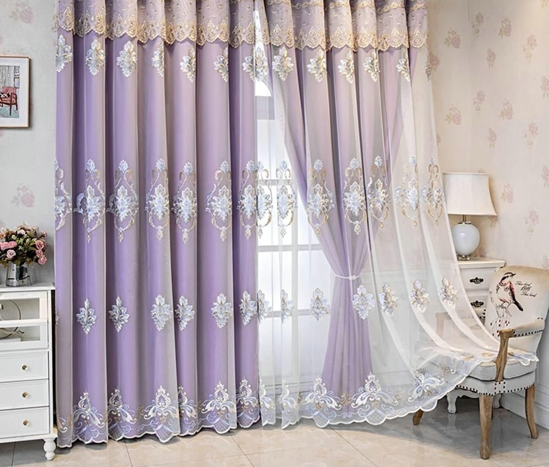 Rideau ultra occultant violet 170x270cm double couche broderie à crochets lot de 2