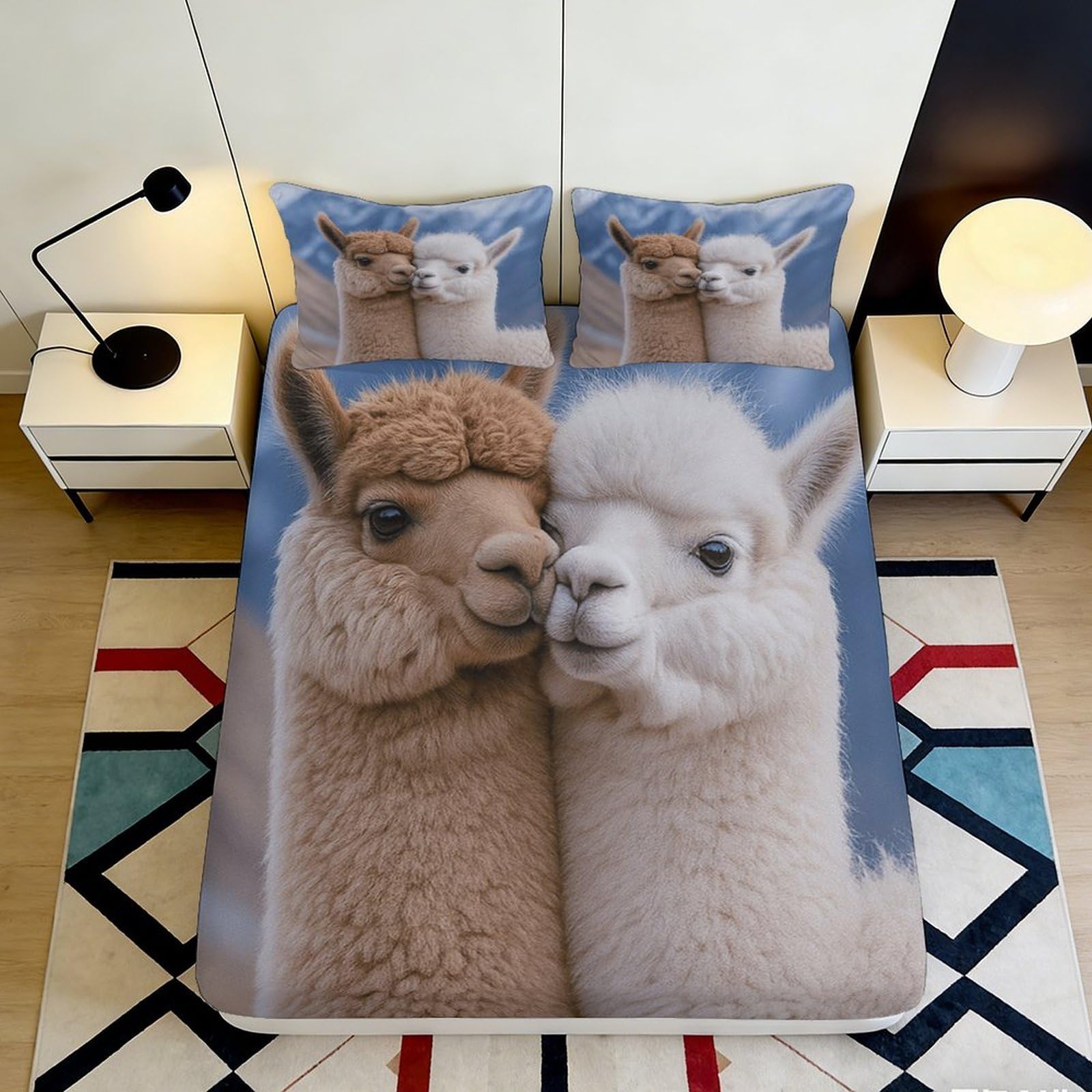 3D Printed Alpaca Couple Fitted Sheet Microfiber Soft Breathable Llama Pair Bed Cover for Bedroom Guestroom Decor 90x200x25cm