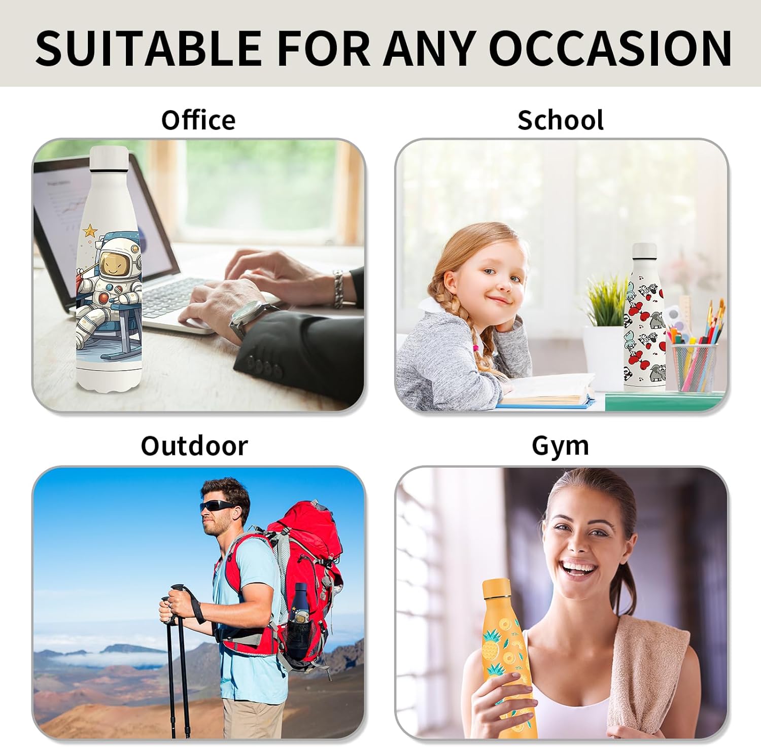 Grsta Water Bottle 500 ml, Stainless Steel BPA-Free, Leak-Proof Water Bottle, F Bottle Personalised with Rocket Pattern, Children's Water Bottle for School, Camping, Running, White