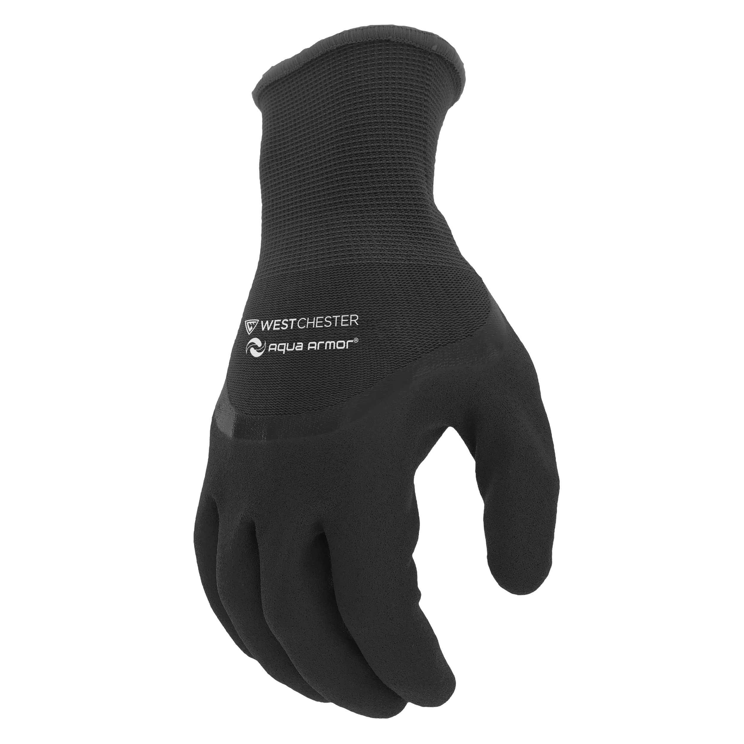 West Chester Aqua Armor - Guantes de trabajo de invierno con revestimiento de nitrilo arenoso para hombre, resistentes al agua, forro interior de rizo acrílico, carcasa de nailon, negro, grande (93065