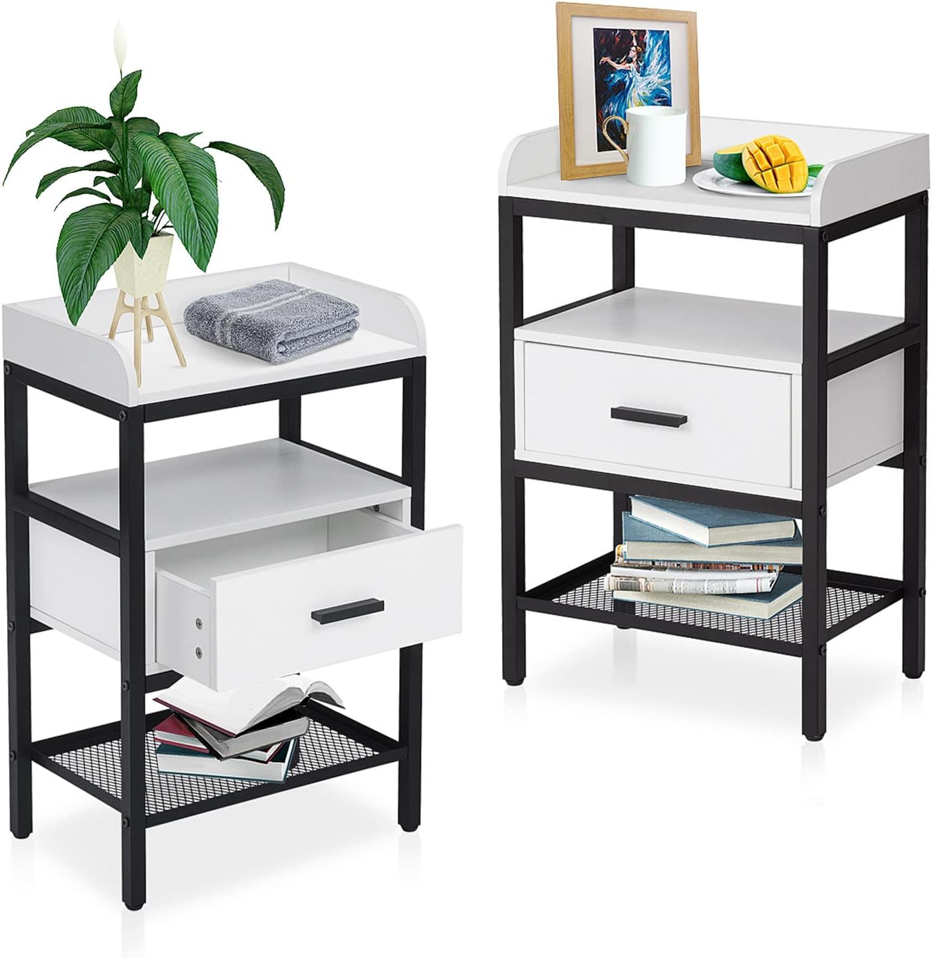 Nightstand Set of 2, 3 Tier End Table with Drawer and Storage Shelf, Industrial